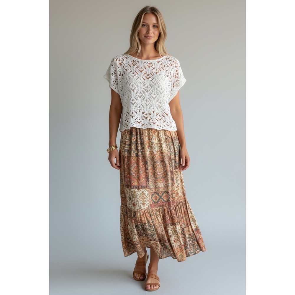 White Crochet Knit Short Sleeve Top Size Large Boho Festival Summer